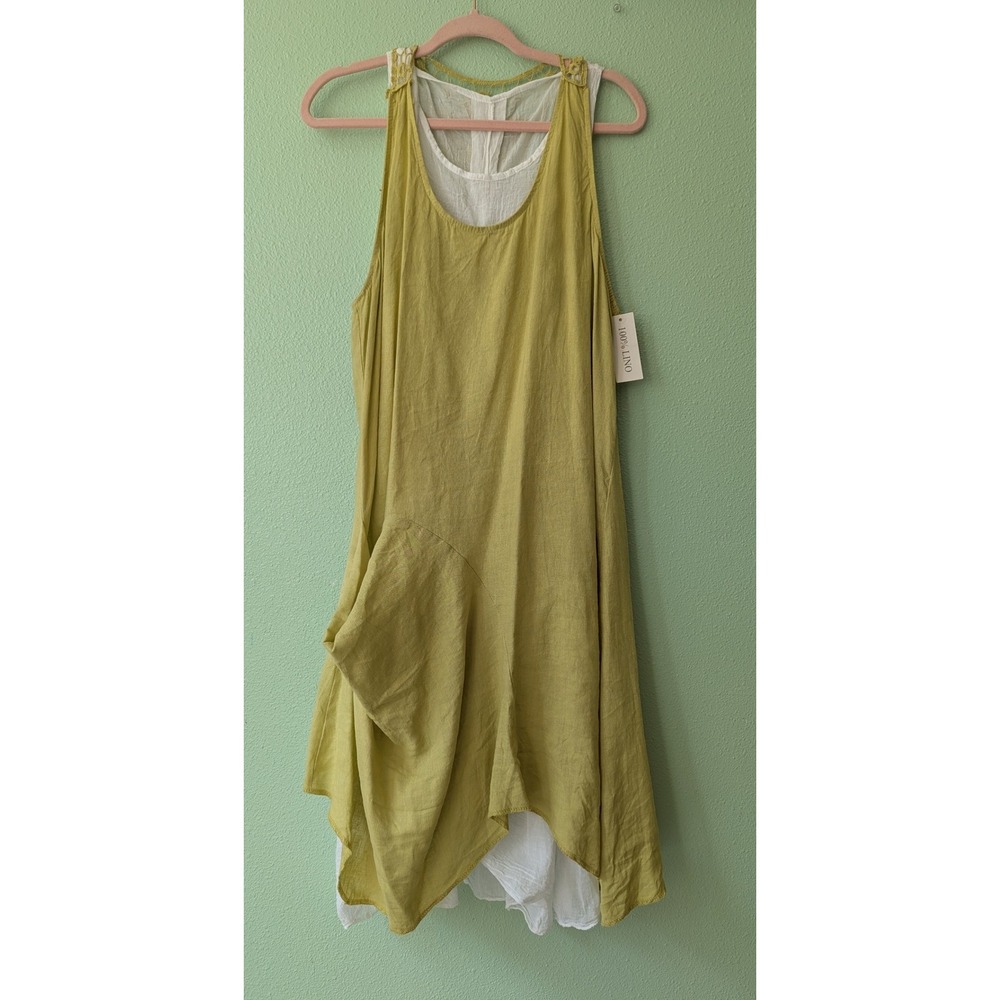 100% Lino Italian Linen Cotton Layered Crochet Lace Back Midi Dress Chartreuse